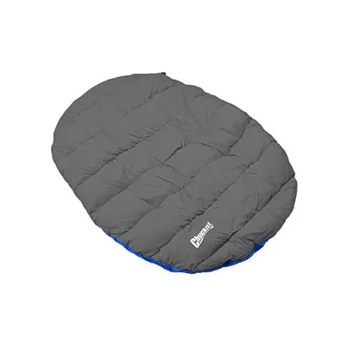Chuckit! blue portable quilted dog bed with a stuff sack, shown rolled up
