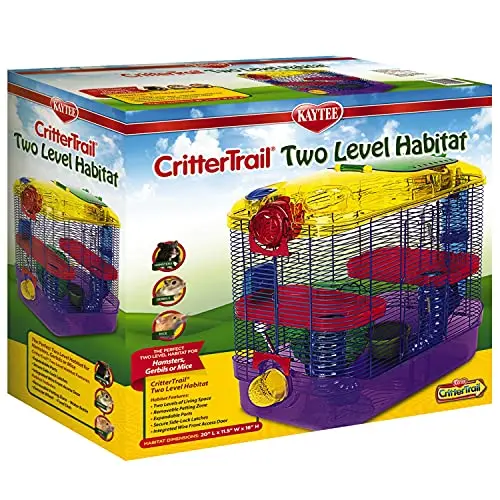Kaytee blue two-level hamster habitat with exercise wheel and petting zone