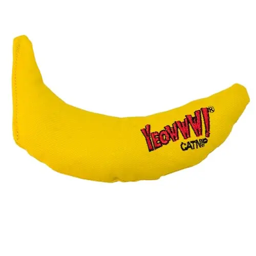 YEOWWW! bright yellow banana-shaped catnip toy made from cotton