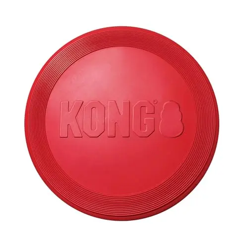 KONG Flyer, a red rubber flying disc for dogs, designed for safe fetching