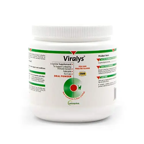 Vetoquinol Viralys L-Lysine powder supplement in a jar for cat immune support