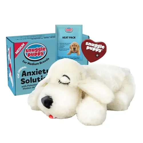 Cream colored plush puppy toy with a heartbeat simulator