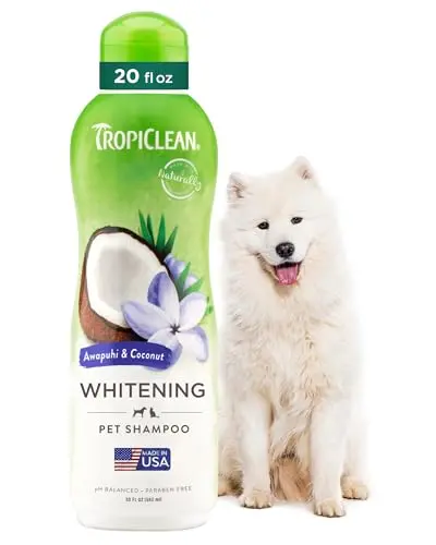 TropiClean Whitening Dog Shampoo bottle with awapuhi and coconut scent
