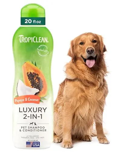TropiClean dog shampoo and conditioner bottle with papaya scent
