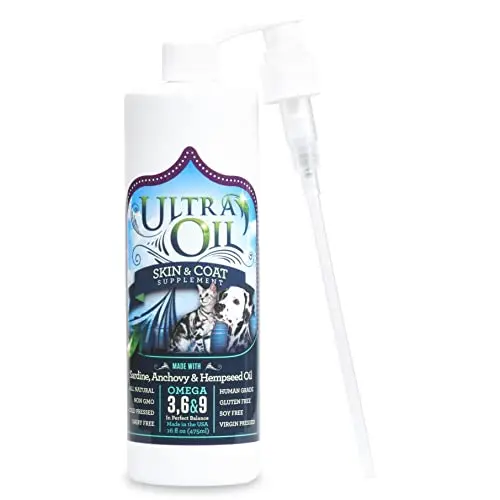 Ultra Oil Skin and Coat Supplement bottle with pump containing hemp and fish oils