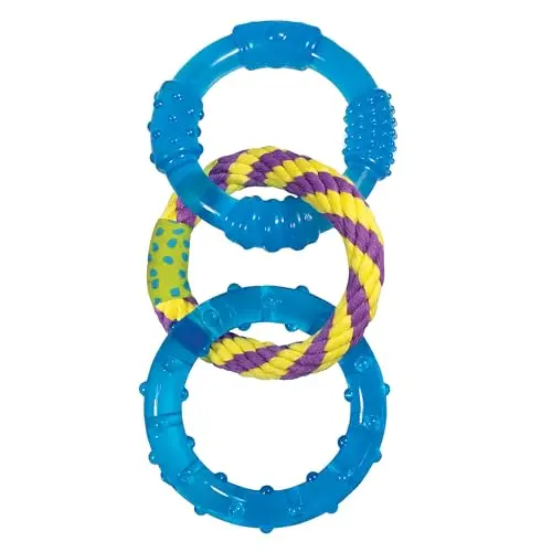 Petstages Dental Links dog chew toy with rubber rings and rope