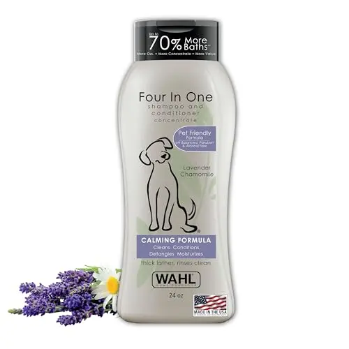Wahl calming dog shampoo bottle with lavender chamomile scent