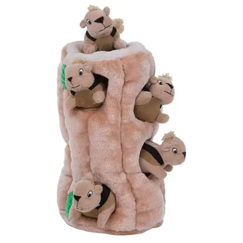 Outward Hound Hide-A-Squirrel interactive puzzle toy with plush tree trunk and squeaky squirrels