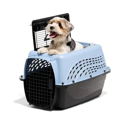 Petmate blue plastic dog crate with top and front doors