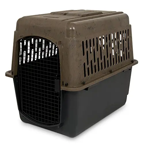 Petmate Ruffmaxx camouflage plastic dog kennel with 360-degree ventilation holes.