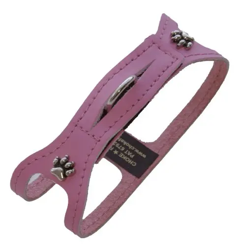 ChokeFree Pet Shoulder Collar in pink leather with paw ornaments.