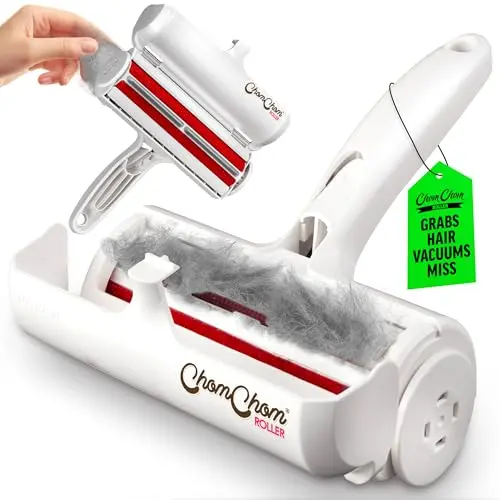 White ChomChom Roller pet hair remover on a carpet