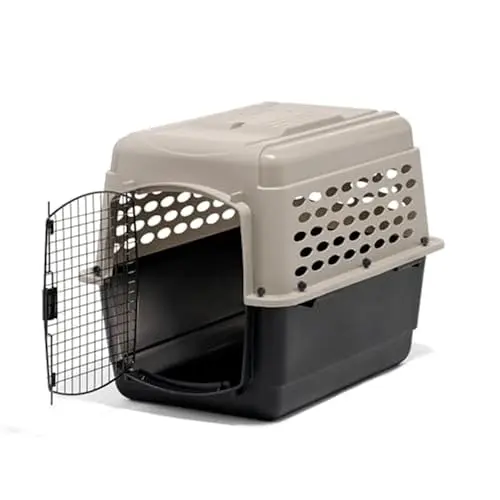 Petmate Vari taupe and black plastic airline dog crate carrier