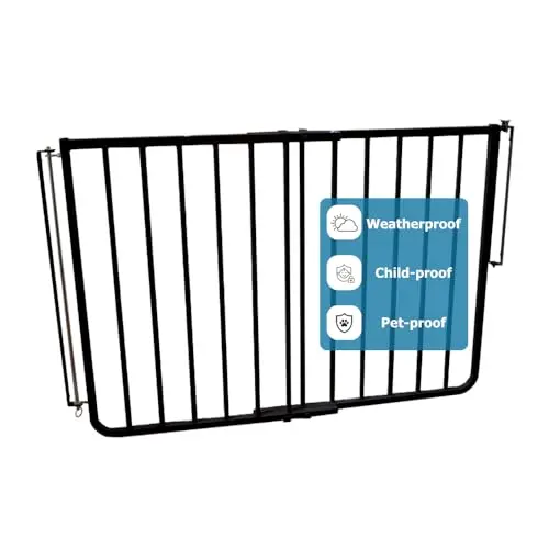 Cardinal Gates outdoor aluminum safety gate mounted on a wooden deck railing