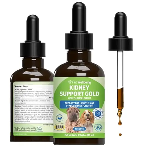 Pet Wellbeing Kidney Support Gold liquid supplement bottle for dogs