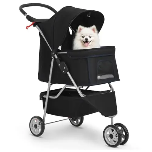 BestPet black pet stroller with mesh panels and storage basket