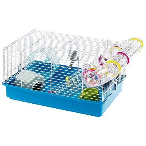 Ferplast blue and white wire hamster cage with tubes and accessories