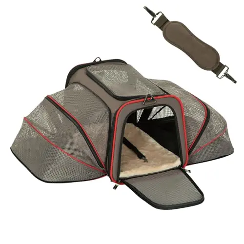Petsfit gray-brown expandable soft-sided pet carrier with mesh windows, shown in collapsed and expanded states.