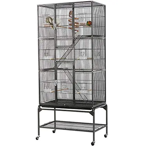 Yaheetech tall black metal bird cage with three connected tiers and a stand