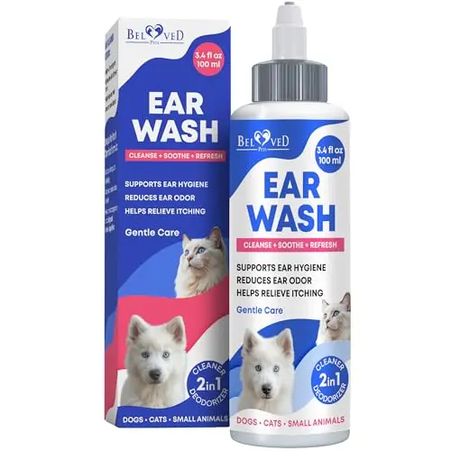 Beloved Pets cranberry-colored dog and cat ear cleaner solution bottle