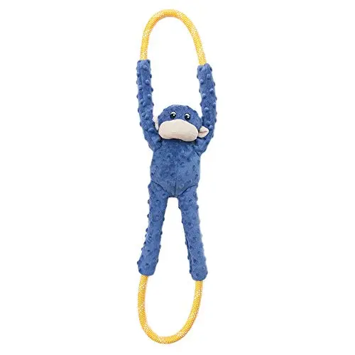 ZippyPaws blue monkey plush dog toy with a climbing rope integrated for tug of war