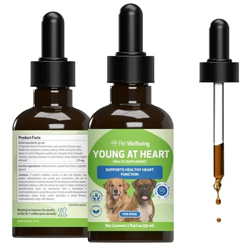 Pet Wellbeing Young at Heart liquid heart supplement bottle for dogs