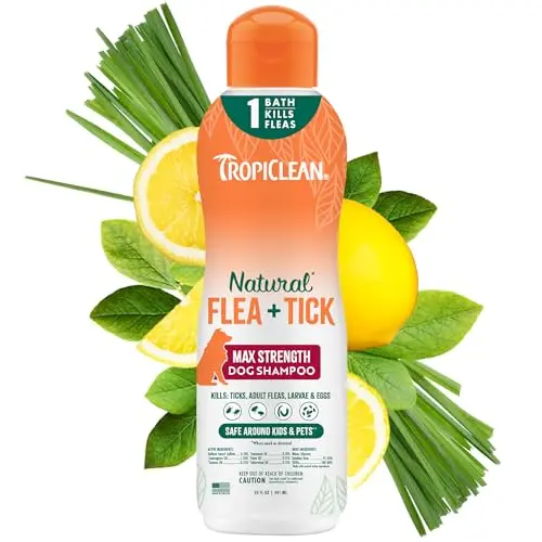 TropiClean max strength flea and tick shampoo bottle with lemongrass oil