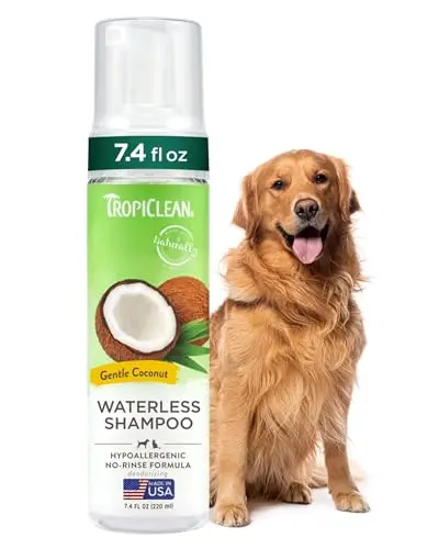 TropiClean Hypoallergenic Waterless Dog Shampoo bottle with coconut scent