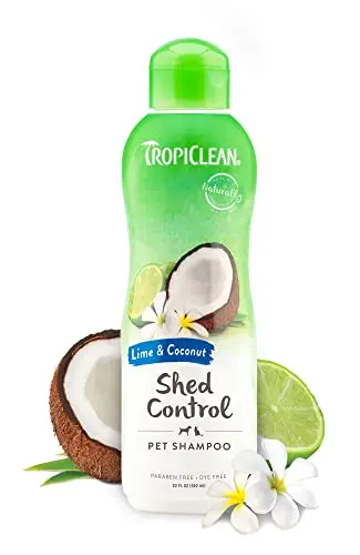 TropiClean Deshedding Dog Shampoo bottle with lime and coconut scent