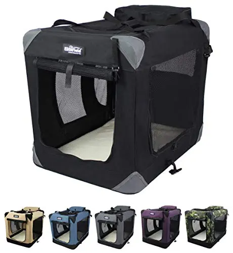 EliteField black soft dog crate with three doors and carrying bag