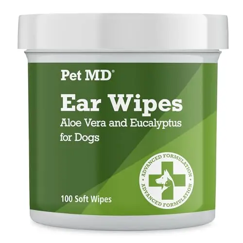 Pet MD dog ear cleaner wipes with aloe and eucalyptus in a blue package
