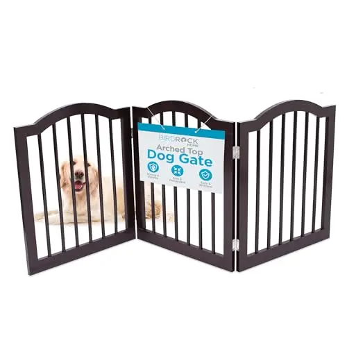 INTERNET'S BEST espresso wooden folding pet gate set up in a Z-shape