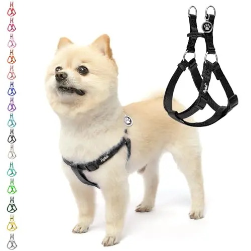 PUPTECK black dog harness with step-in design and metal ID tag for small pets