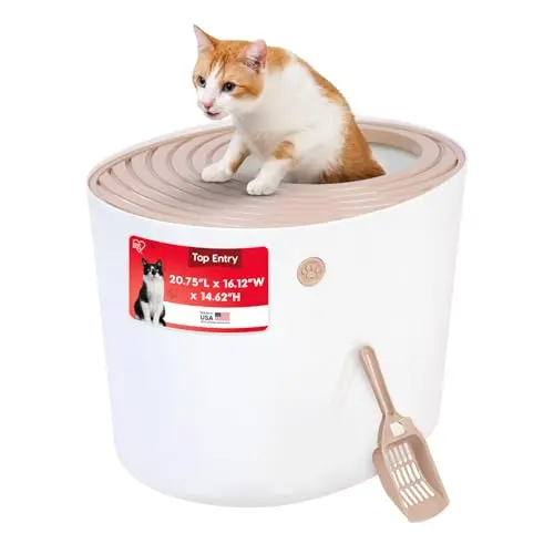 IRIS USA beige and white top entry covered cat litter box with grooved lid.