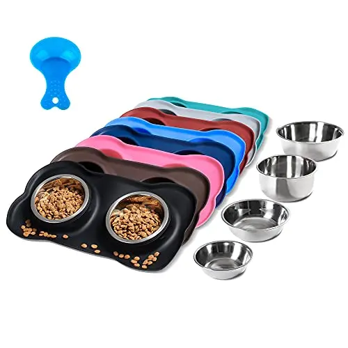 Hubulk set of two stainless steel pet bowls with non-slip silicone mat