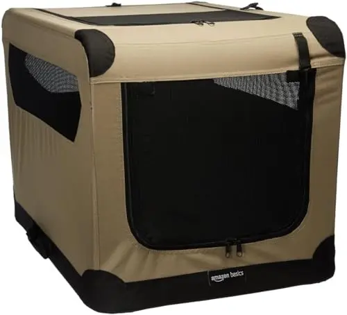 Amazon Basics portable folding soft dog crate in tan with mesh windows