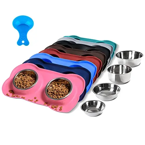 Hubulk stainless steel dog bowls set with attached pink silicone mat