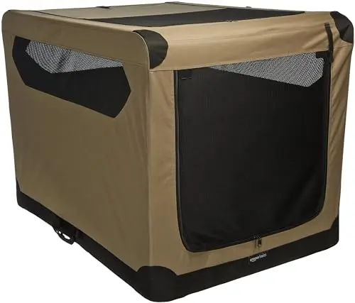 Amazon Basics tan polyester soft-sided dog crate, folded and unfolded, showing mesh windows.