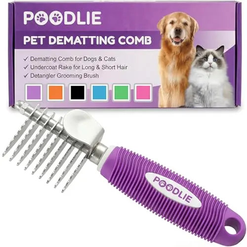 Poodlie purple dematting comb with long steel blades and rubber handle