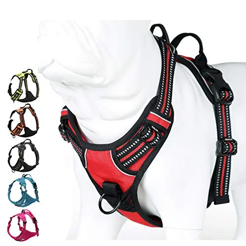 JUXZH red no-pull dog harness with reflective material and two leash attachments