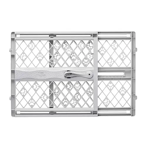 MYPET light gray plastic expandable pet gate with paw print accents in a hallway