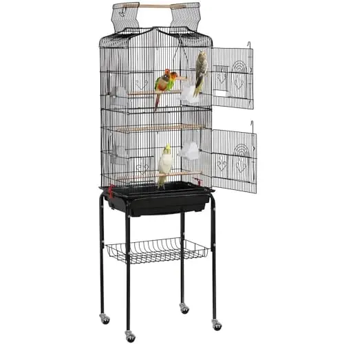 Yaheetech black open-top bird cage on a rolling stand with storage shelf