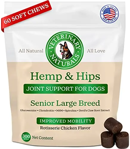 Veterinary Naturals hemp-infused hip and joint chews for senior dogs