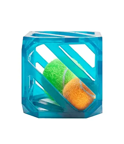 Outward Hound green rubber puzzle cube with holes and two squeaky tennis balls