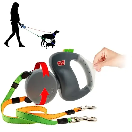 WIGZI red retractable double dog leash with silicone gel handle