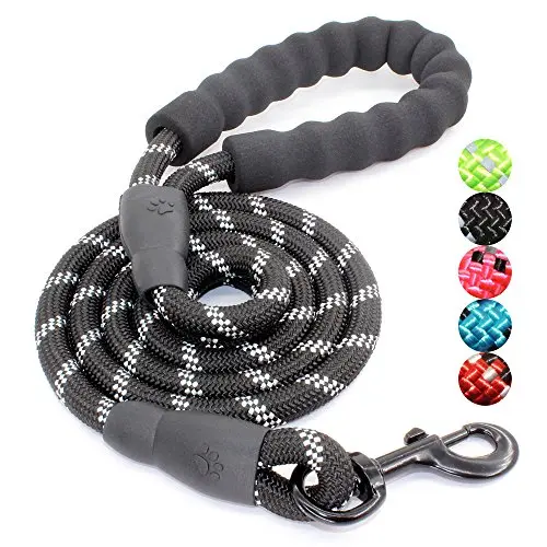 BAAPET black rope dog leash with a soft foam-padded handle and reflective threads woven throughout.