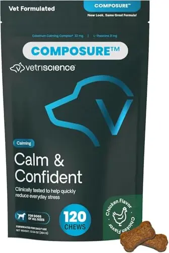VetriScience Calm & Confident dog calming chews in a white jar with chicken flavor