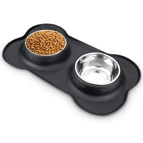 AsFrost set of two stainless steel dog bowls on a large silicone catch-all mat