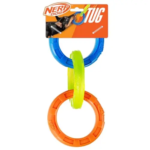 Nerf Dog blue, green, and orange 3-ring tug toy for dogs