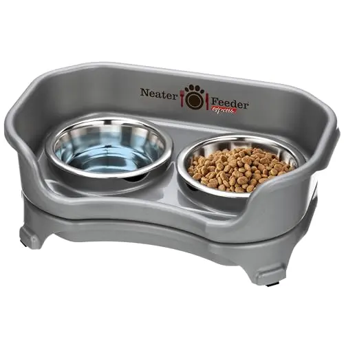 NEATER FEEDER elevated cat feeding station in grey plastic with two stainless steel bowls and a spill-catching rim.